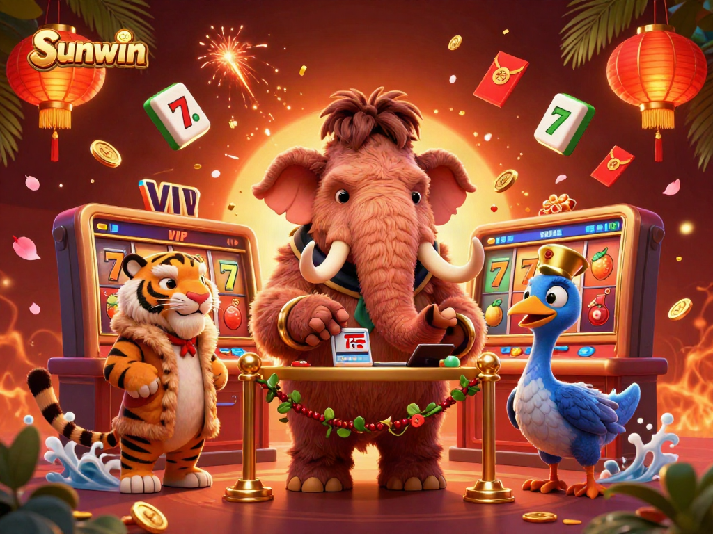 Sunwin casino experience with a woolly mammoth bouncer checking IDs, showcasing vibrant gambling elements.