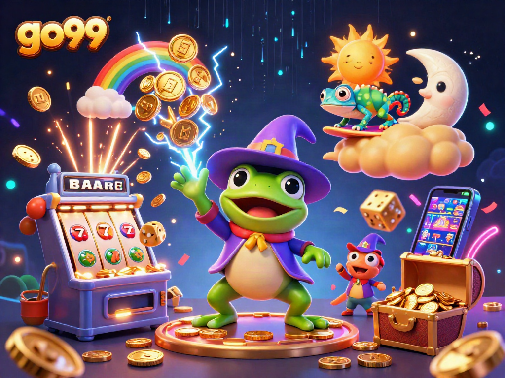 Experience go99's thrilling games with a vibrant scene of a wizard frog, chameleon, and casino excitement.