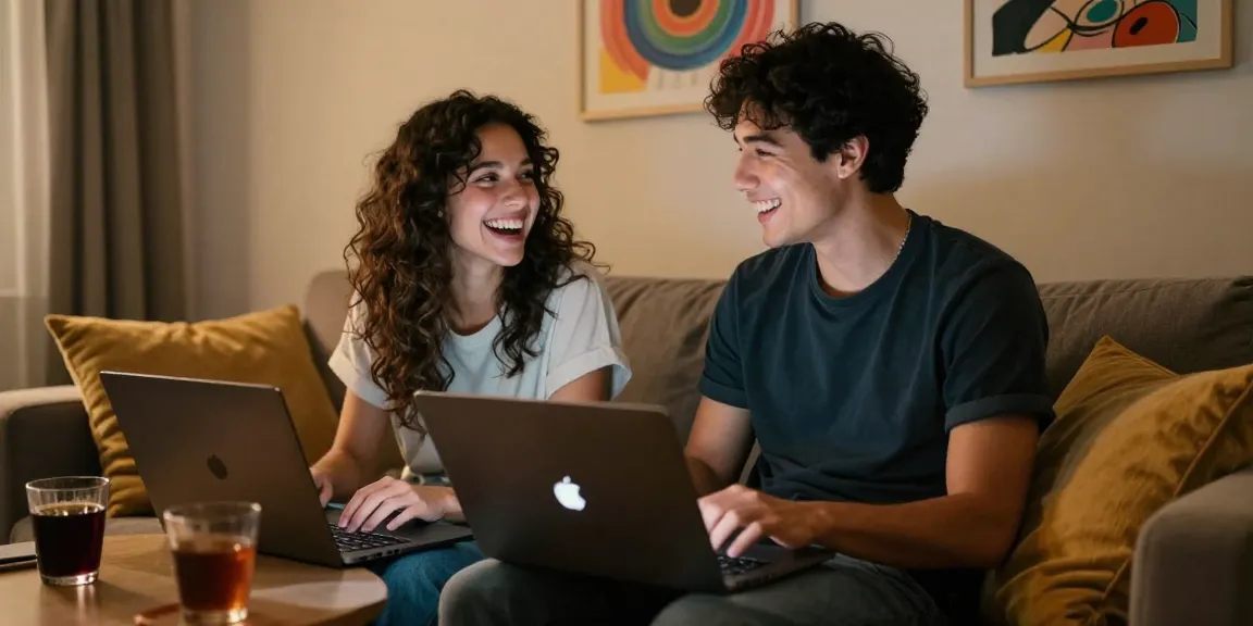 Engaging sex chat scene featuring two people laughing and enjoying their interaction on laptops within a cozy home environment.