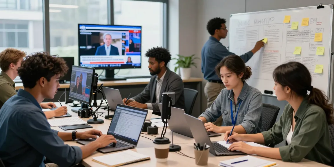 Journalists collaborating in a lively newsroom at newsbochum, showcasing dynamic reporting and modern journalism.