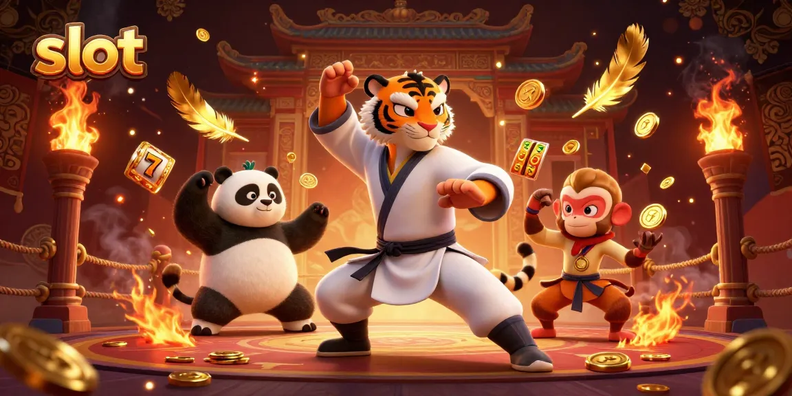 Engaging slot scene with a kung fu tiger master, panda disciple, and monkey stealing a medal.