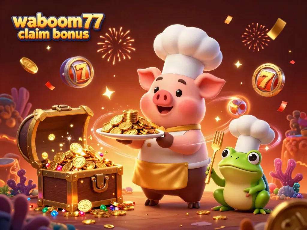 waboom77 claim bonus: Chef pig serving gold coins with casino themes and vibrant underwater treasure.