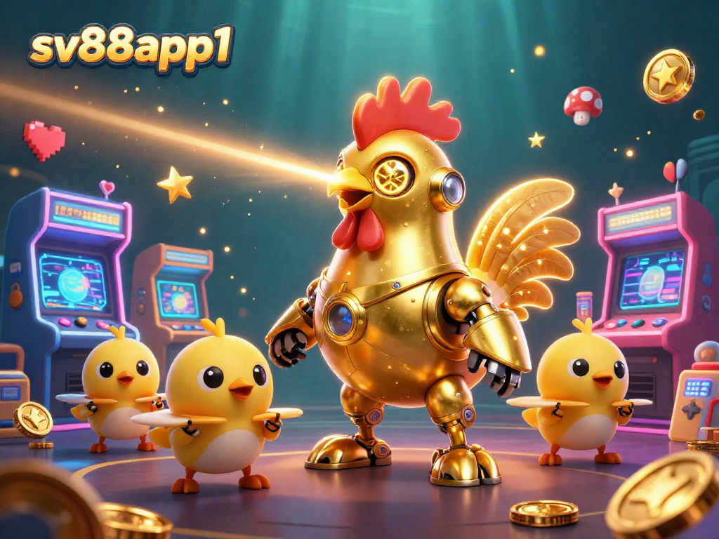 Engage with sv88app1 in this vibrant 3D casino scene featuring a golden rooster robot and baby chick drones.