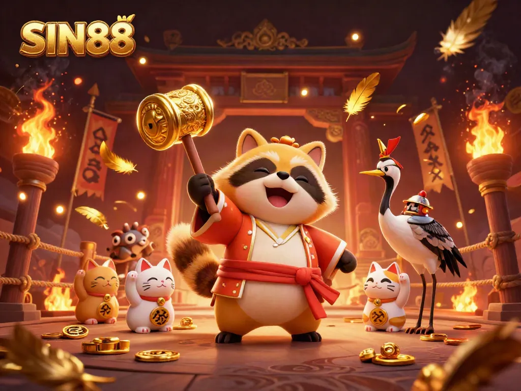 SIN88 promotional illustration with cheerful tanuki and casino elements, celebrating online gaming.