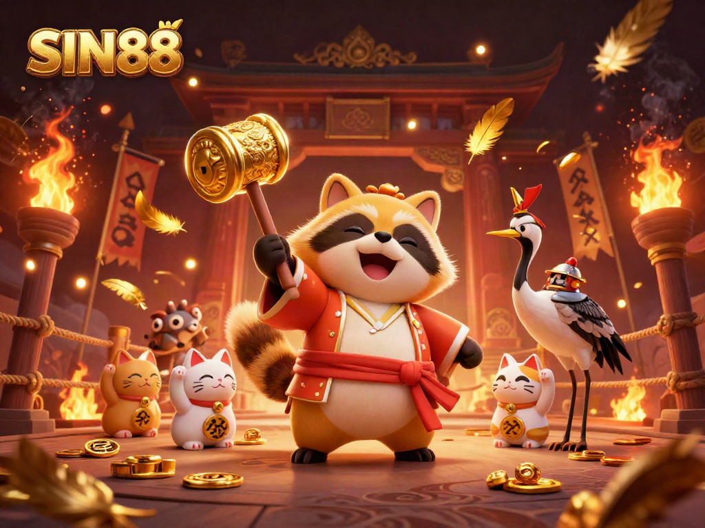 SIN88 promotional illustration with cheerful tanuki and casino elements, celebrating online gaming.