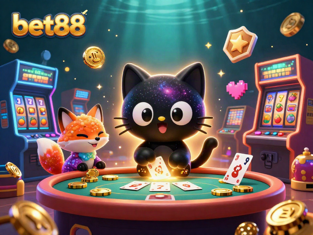 Engage with bet88 at the cosmic casino table, where a black hole cat and nebula fox entertain players amidst colorful slot elements.