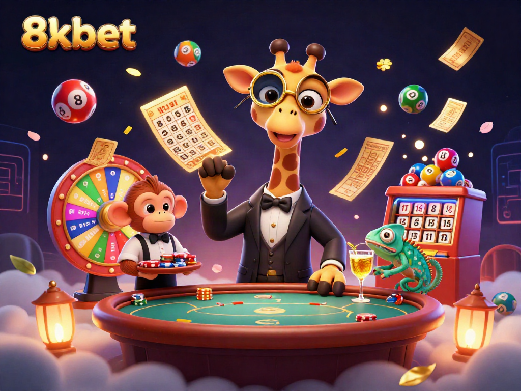 Experience the excitement of betting with 8xbet, featuring a high-roller giraffe at a vibrant casino.