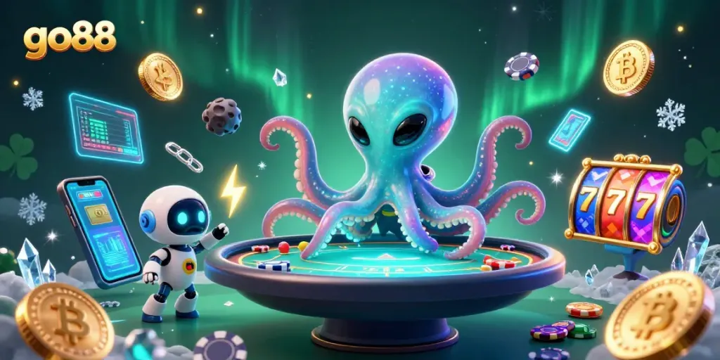 Engage with go88's thrilling casino experience featuring alien octopus dealer at a poker table.