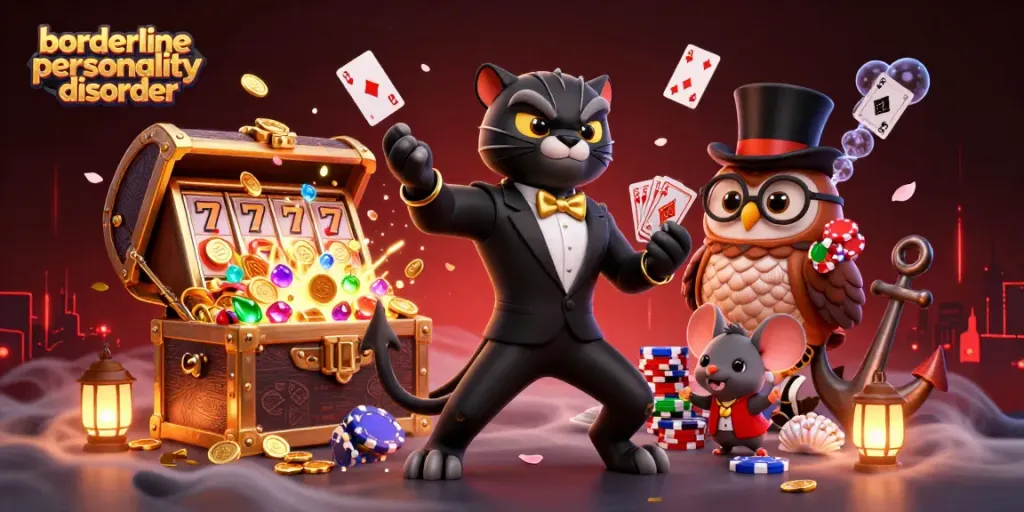 Engage with borderline personality disorder via a vibrant casino scene featuring playful characters and exciting game elements.