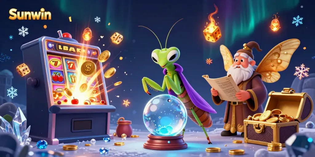 Engage with Sunwin's thrilling gaming universe, showcasing dynamic slot machines and mystical characters.