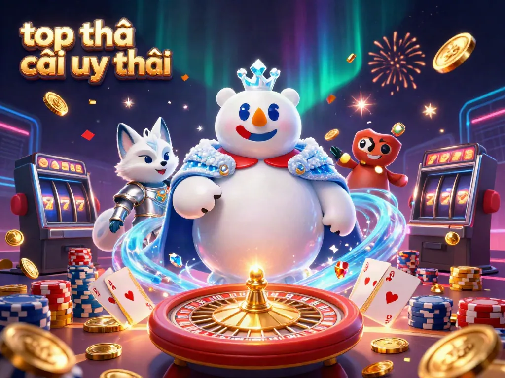 Experience the excitement of top nhà cái uy tín with a 3D polar bear and fox surrounded by casino elements and treasures.