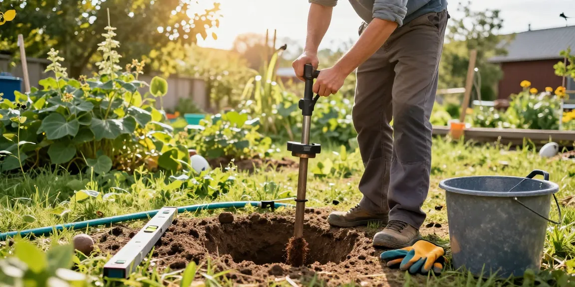 Brunnenbohren im Garten mit manuellem Bohrer, umgeben von Werkzeugen und frischem Erdreich