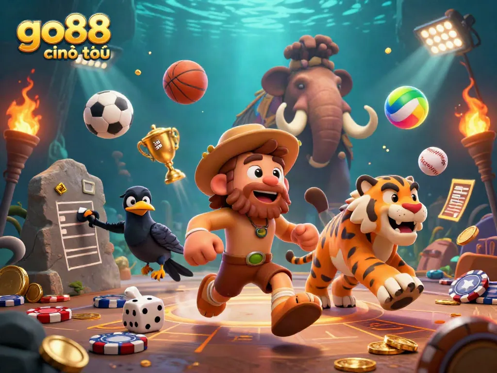 Experience the excitement of go88 chính thức with this dynamic casino scene featuring prehistoric characters and vibrant elements.