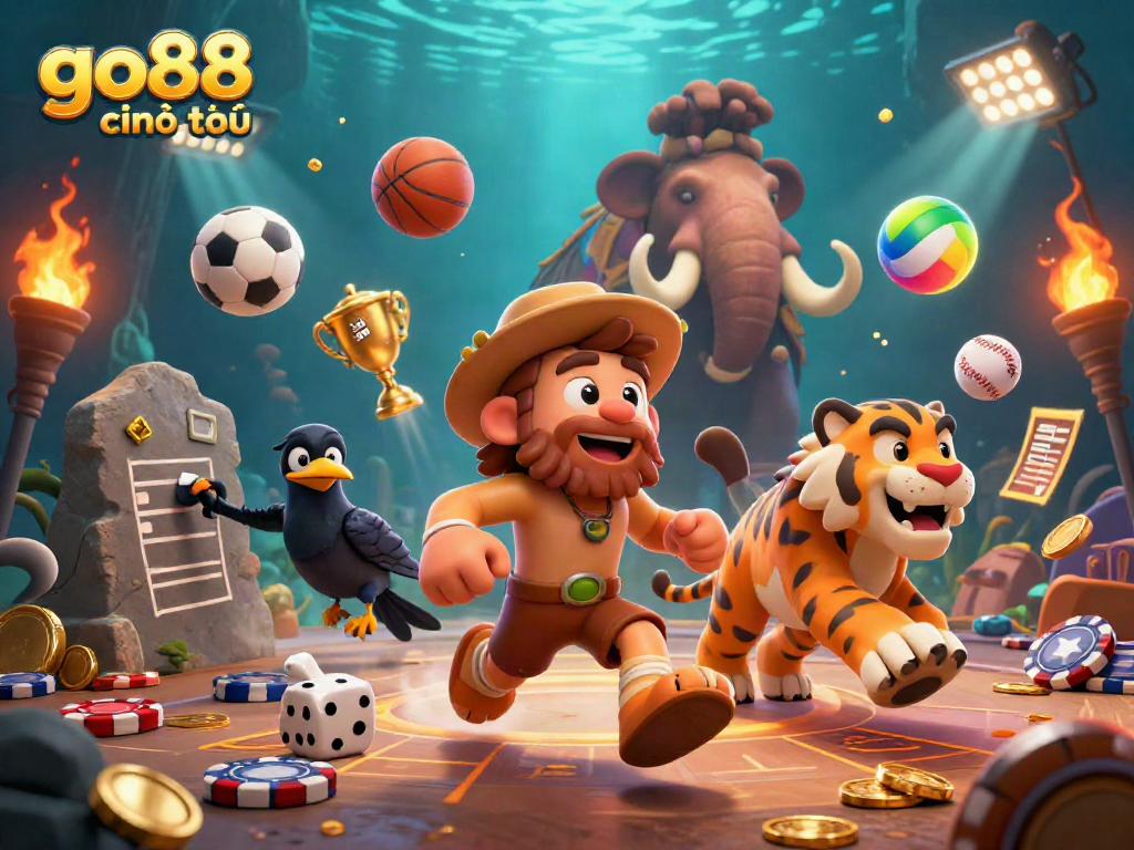 Experience the excitement of go88 chính thức with this dynamic casino scene featuring prehistoric characters and vibrant elements.