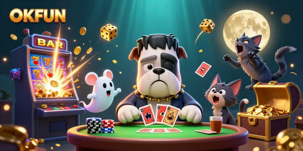 Engaging OKFUN casino scene featuring a Frankenstein bulldog dealing cards amidst vibrant gaming elements.