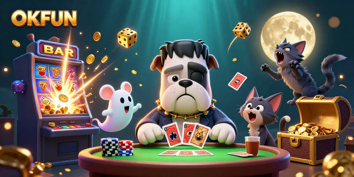 Engaging OKFUN casino scene featuring a Frankenstein bulldog dealing cards amidst vibrant gaming elements.
