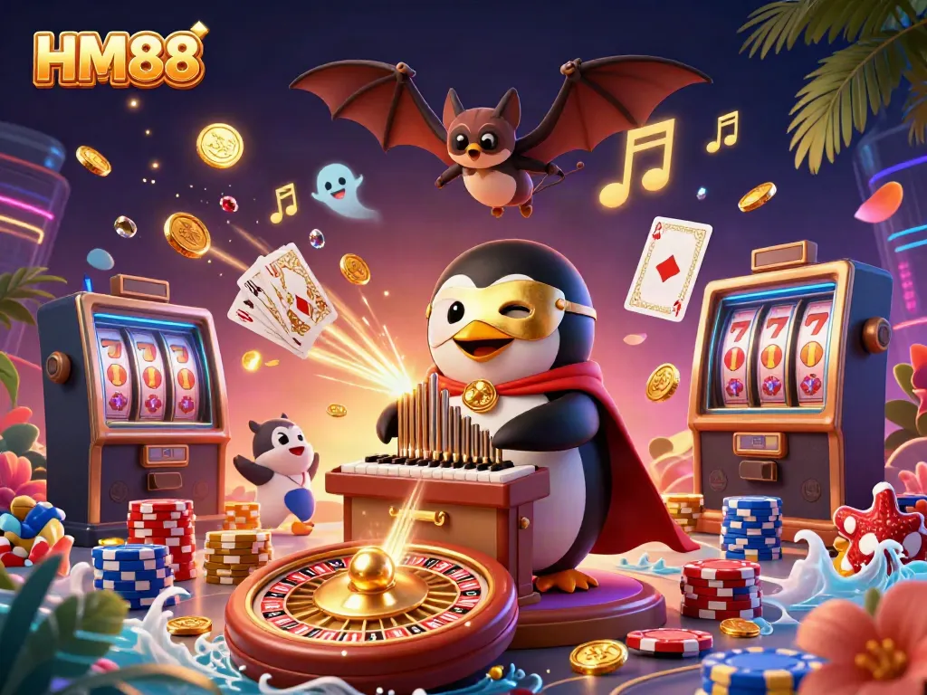 Experience exciting games at HM88 featuring a whimsical penguin and stunning visuals in a magical casino.