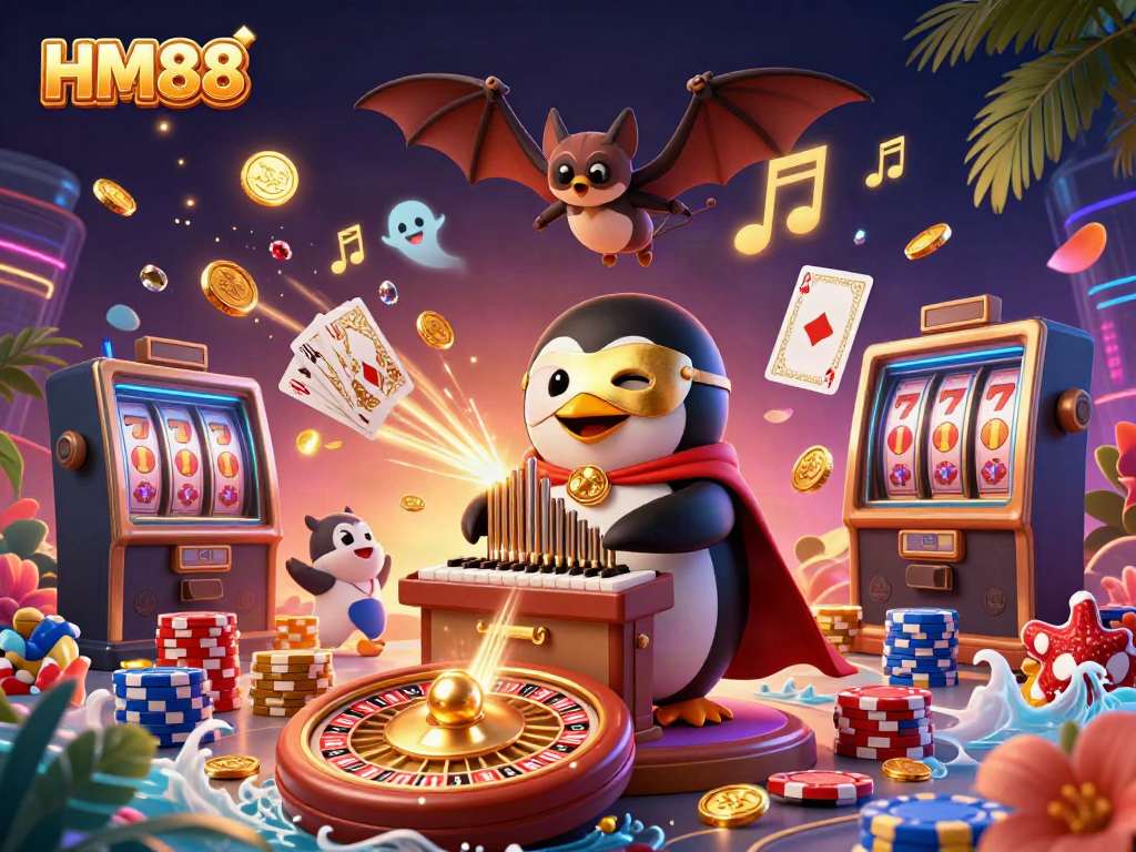 Experience exciting games at HM88 featuring a whimsical penguin and stunning visuals in a magical casino.