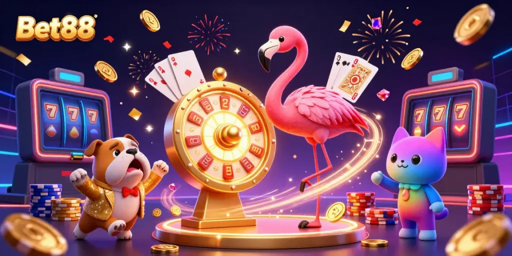 Bet88 offers a vibrant gaming experience with a flamingo host, bulldog contestant, and scorekeeping cat amid excitement.