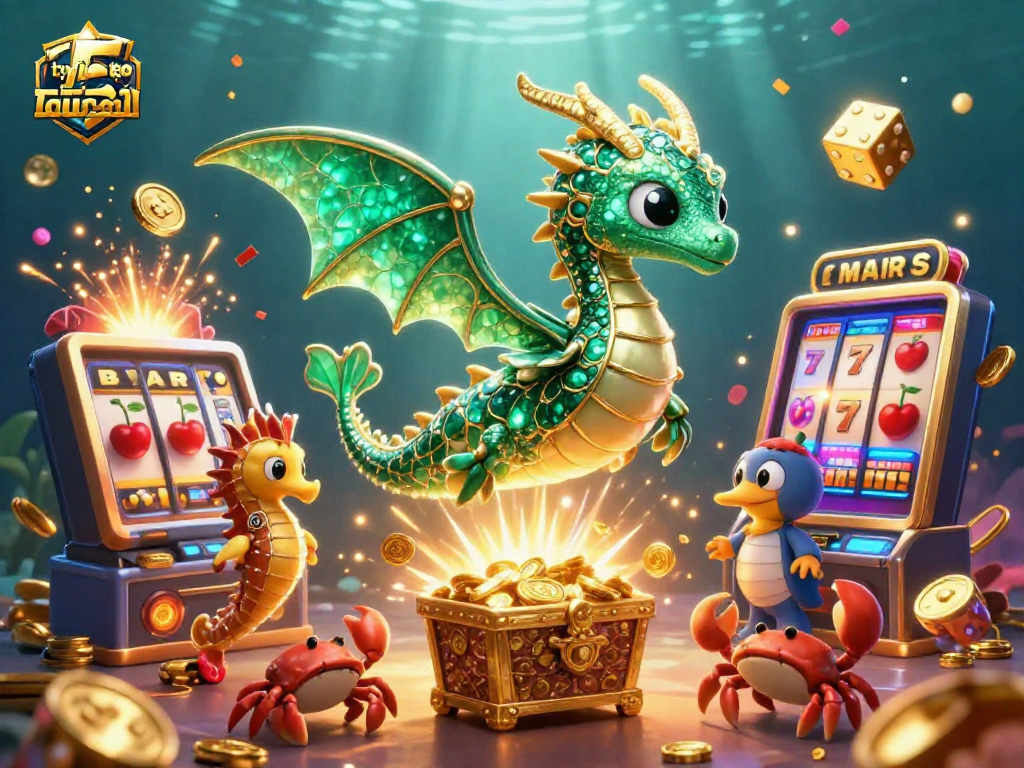 Experience the excitement of tỷ lệ kèo nhà cái 5 with vibrant casino scenes featuring dragons, slot machines, and treasures.
