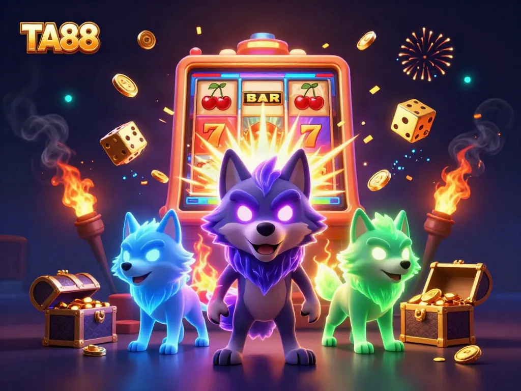 Experience engaging wins with TA88's dynamic slot machine, vibrant characters, and colorful casino elements.