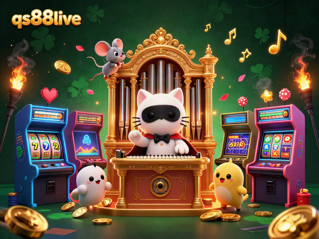 Experience thrilling casino games at qs88live with an enchanting illustration featuring an opera cat and vibrant arcade machines.