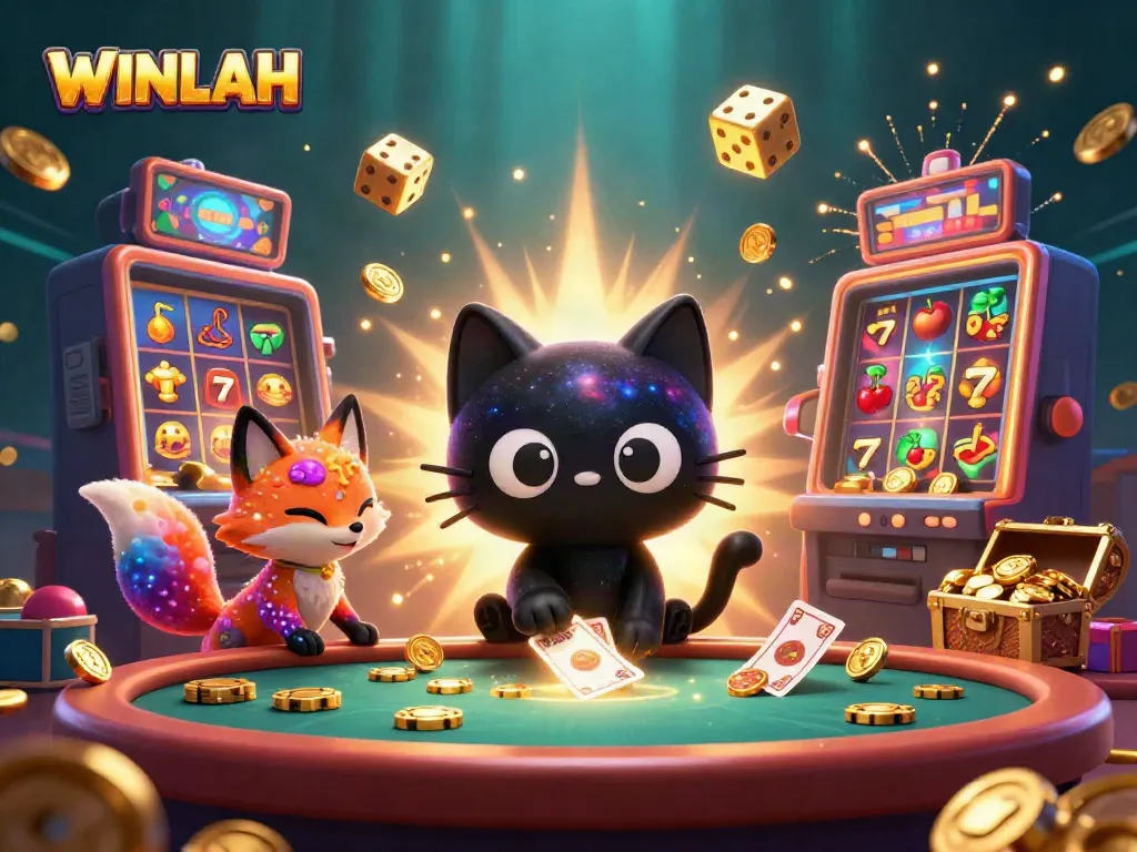 Winlah immersive casino scene featuring a black hole cat and colorful fox pulling in casino games.