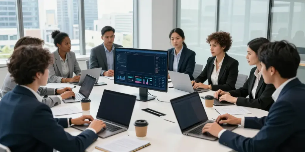 Equipo de trabajo en reunión analizando datos financieros de bbva empresas en oficina moderna.