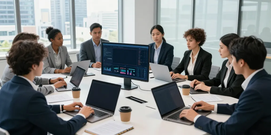 Equipo de trabajo en reunión analizando datos financieros de bbva empresas en oficina moderna.