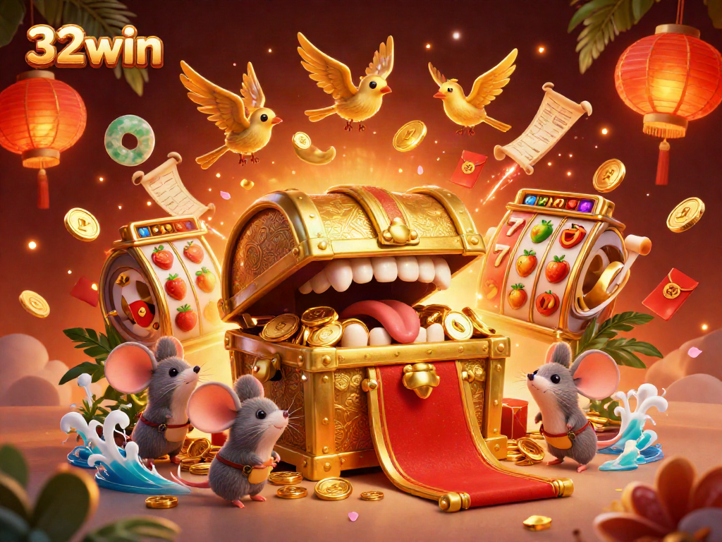 Experience the excitement of gambling at 32win with an illustration of a treasure chest and slot elements, inviting players to join.
