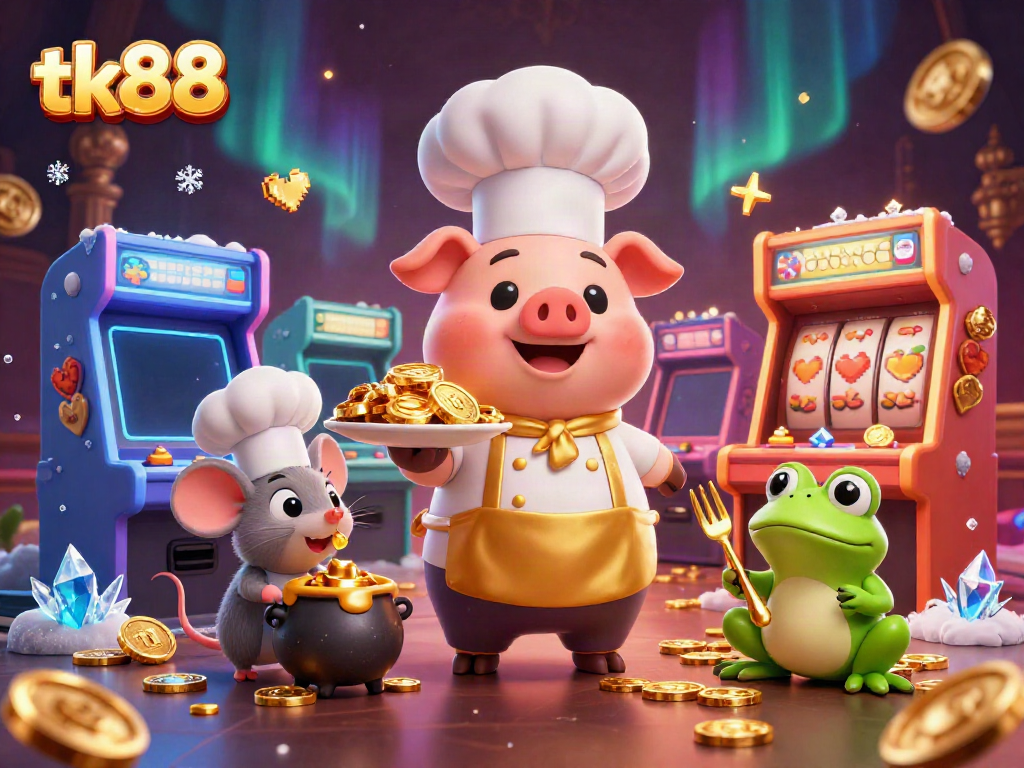 tk88 chef pig serving gold coins in vibrant 3D gaming scene with a sous-chef mouse and critic frog