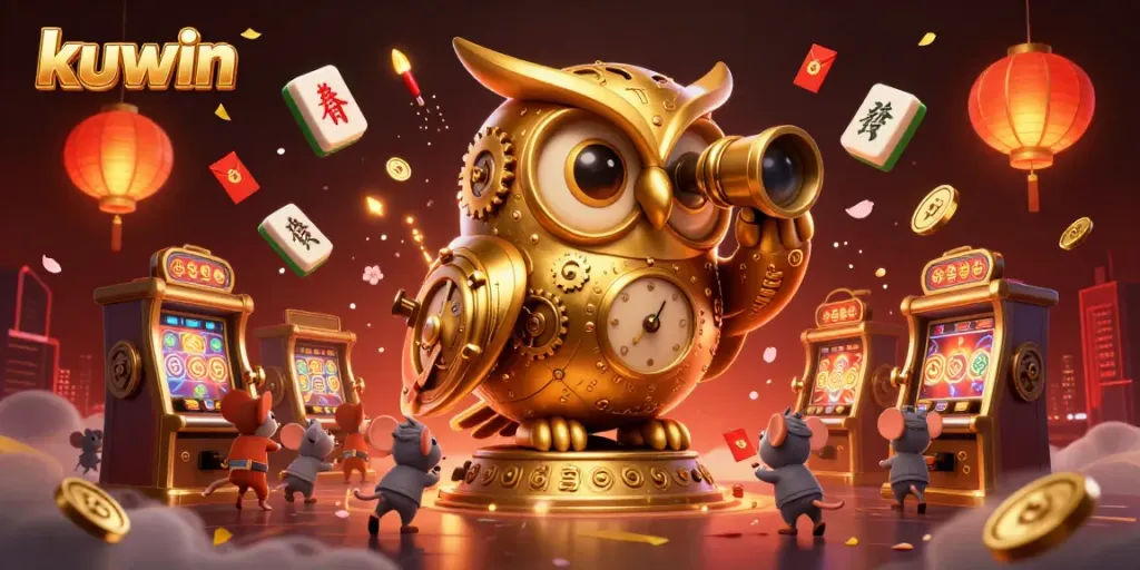 Kuwin's vibrant casino scene showcasing a whimsical owl and animated mice among slot machines