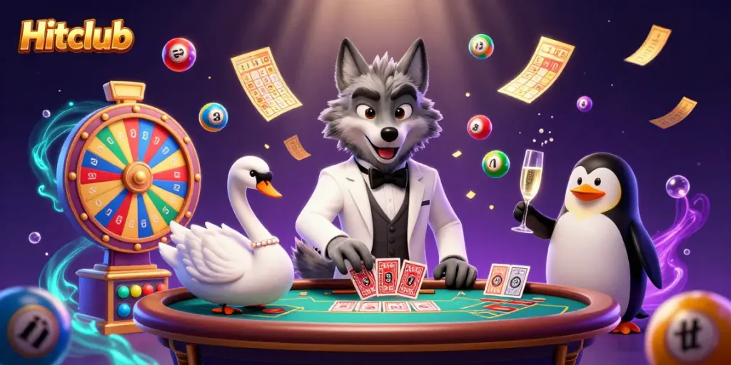 Engage in the Hitclub experience with a cartoon wolf, swan, and penguin in a vibrant casino scene.