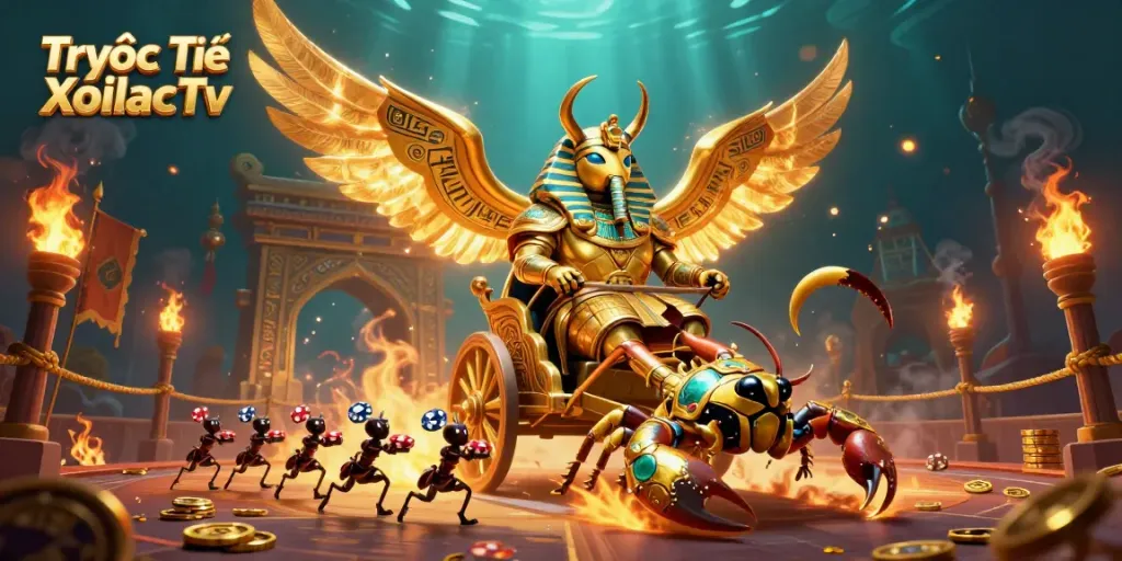 Engaging scene illustrating Trực Tiếp XoilacTv with a golden scarab and scorpions in a vibrant arena.