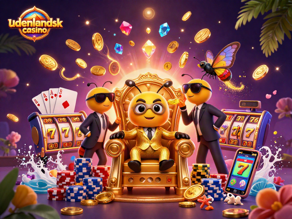 Engage in the fun of udenlandsk casino with animated characters amidst shimmering coins and vibrant gaming elements.