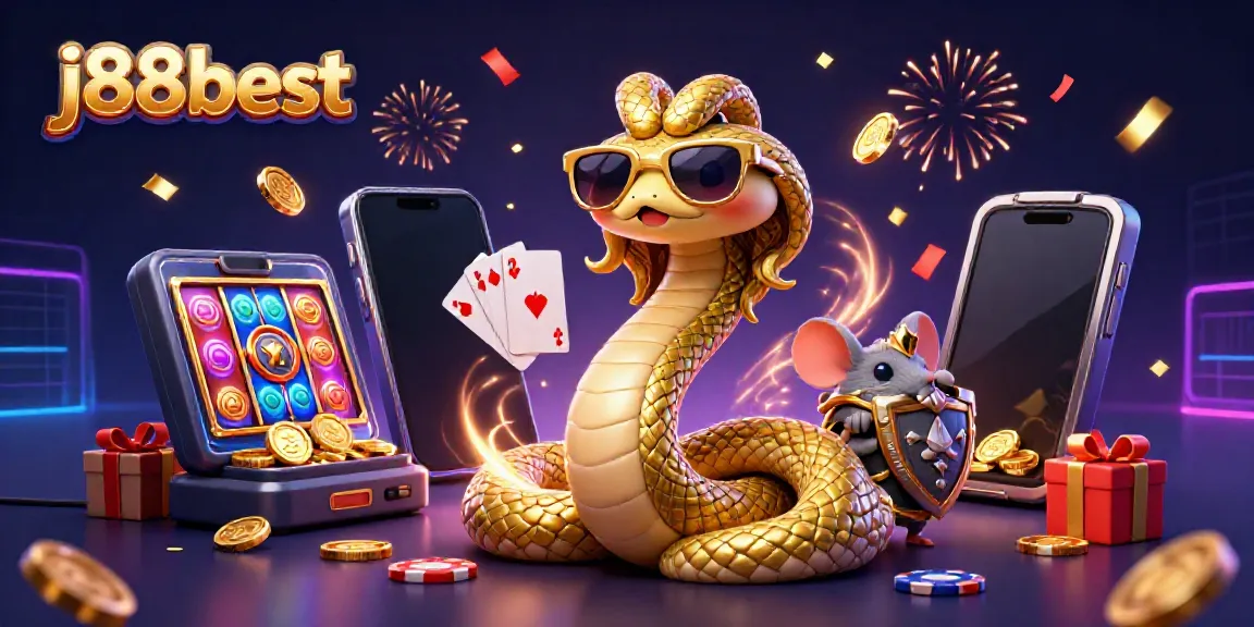 Engage with j88best highlights including a playful Medusa and warrior mouse in a vibrant gambling-themed scene.