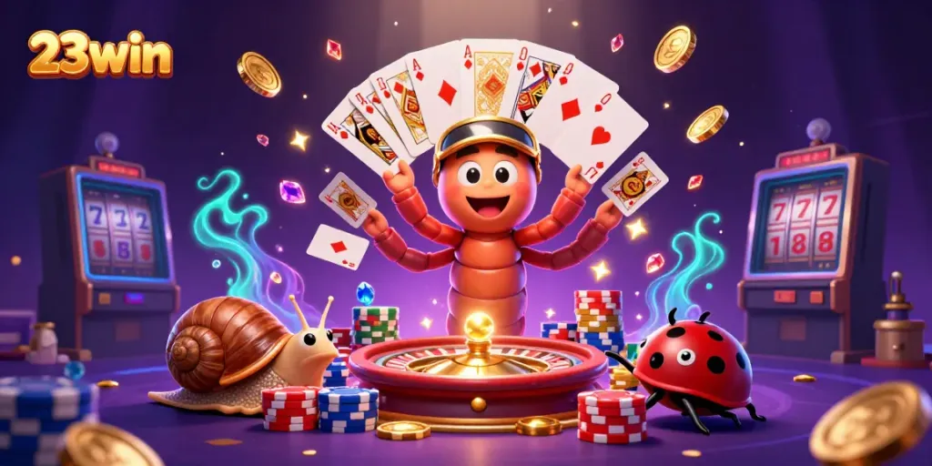 Experience thrilling gameplay at 23win with a vibrant 3D casino scene illustrating excitement and winnings.