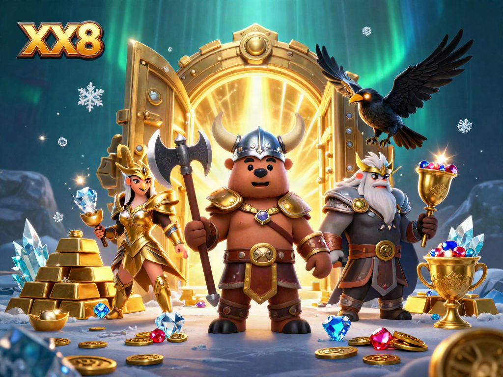 Engage with XX8's thrilling gameplay featuring a Viking bear and Valkyrie eagle amid treasures in a casino setting.