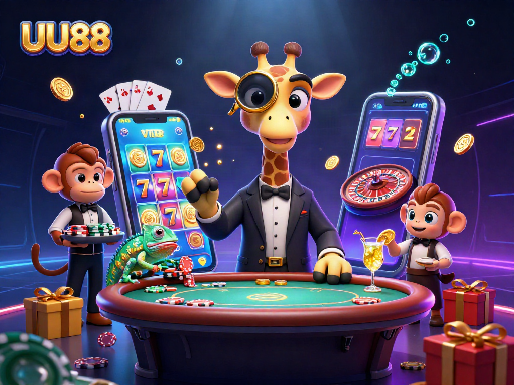 Spin reels and win big at UU88 with a high-roller giraffe and colorful gaming scene!
