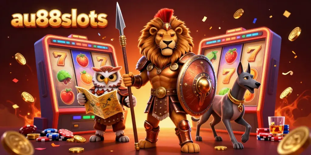 Join the excitement at au88slots with vibrant 3D casino elements and characters.