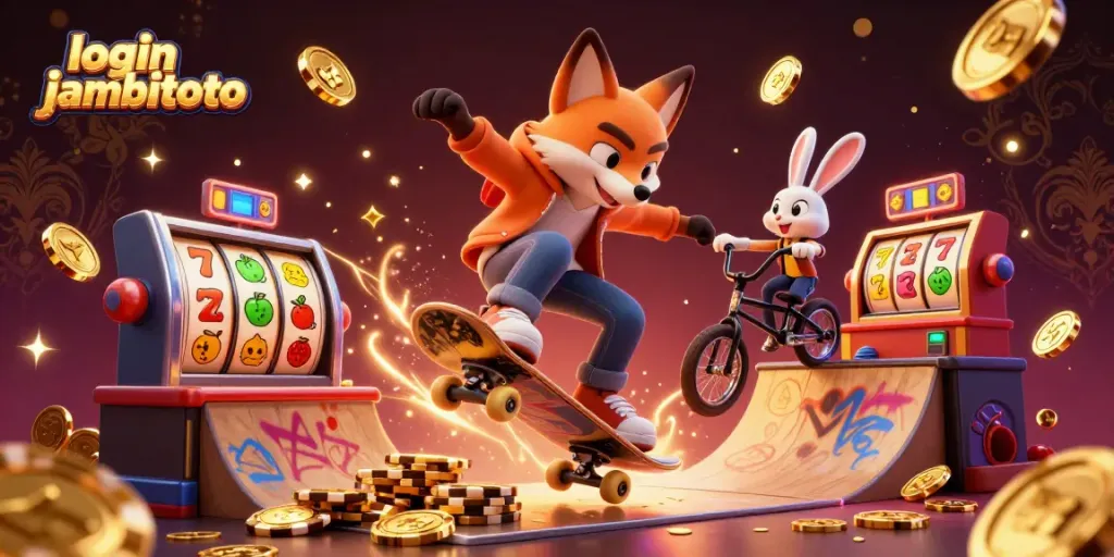 Experience the excitement of slot gaming with login jambitoto featuring a dynamic fox and rabbit illustration.