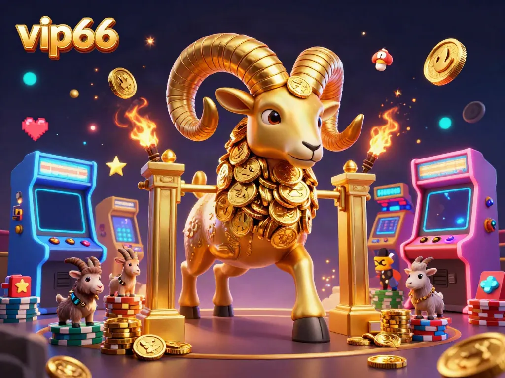 Experience thrilling gameplay at vip66 with a massive golden ram charging through a vibrant casino scene.