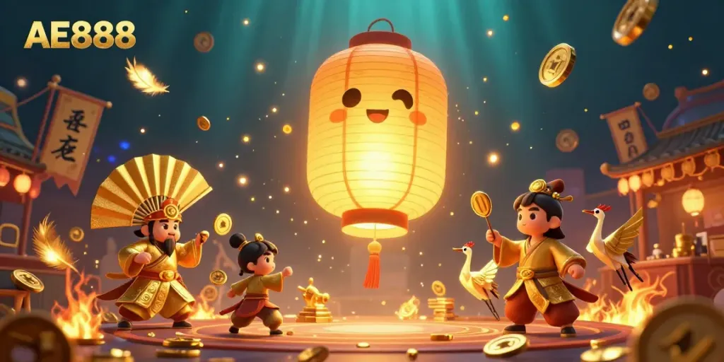 AE888 showcases a vibrant night market casino scene with a giant golden lantern spirit and interactive game elements.