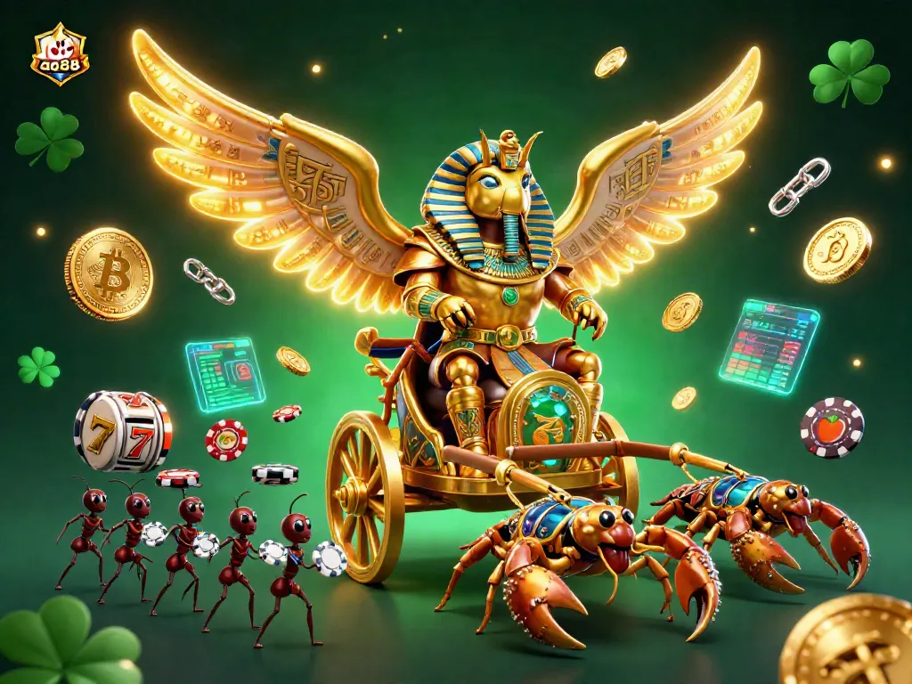 Experience the thrill of ao88 gaming with a dynamic 3D casino illustration featuring a golden scarab beetle and slot elements.