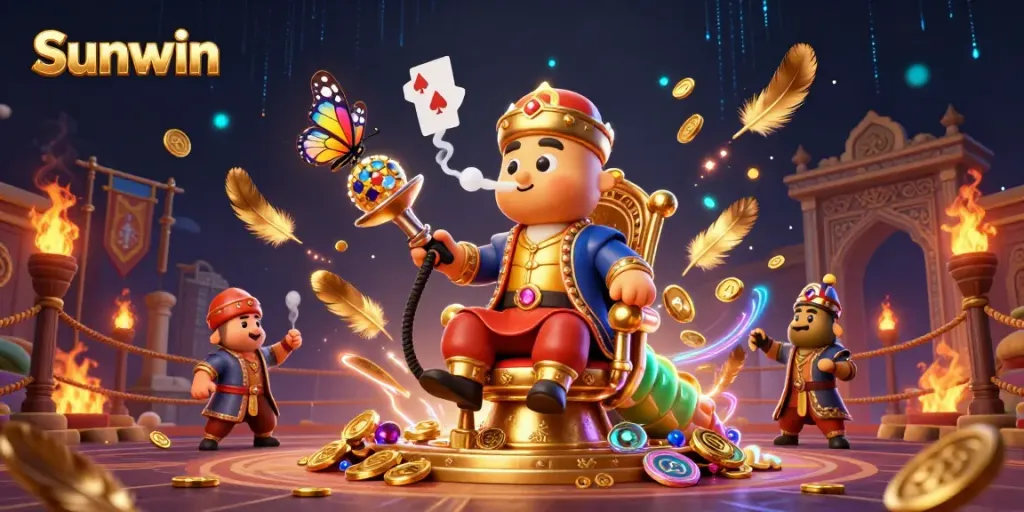 Experience the vibrant casino theme of Sunwin with a dynamic 3D scene featuring symbols of poker and golden coins.