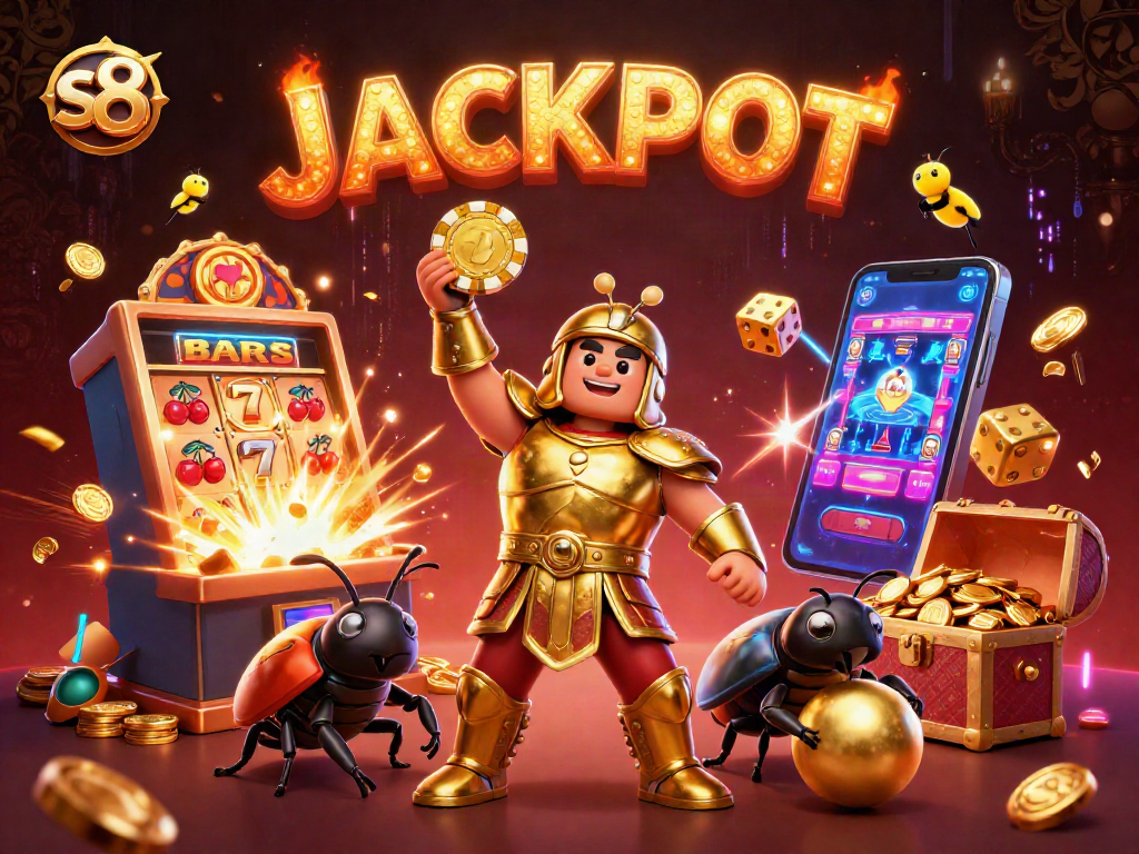 Lift the s8 poker chip in victory with 3D beetles among a vibrant casino scene.