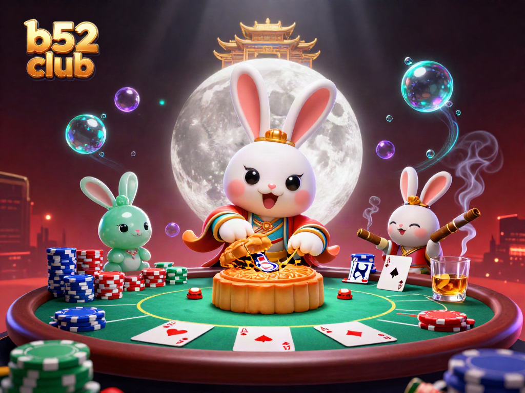 Experience the thrilling b52 club with a vibrant scene featuring a moon rabbit revealing poker chips and prizes.