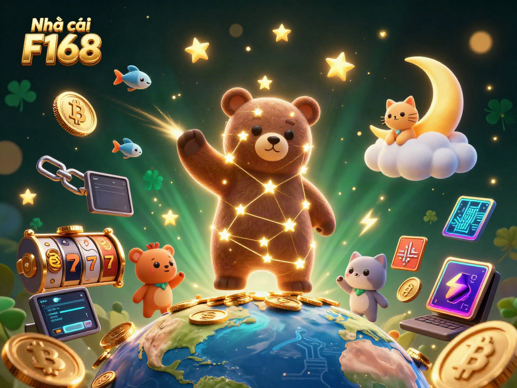 Engage with thrilling games at Nhà cái F168, featuring vibrant 3D cartoony visuals of a starry constellation bear.