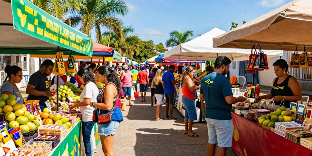 Vibrante Marktszene mit brasilianischen Produkten und fröhlichen Käufern, die traditionelle Snacks und Früchte genießen