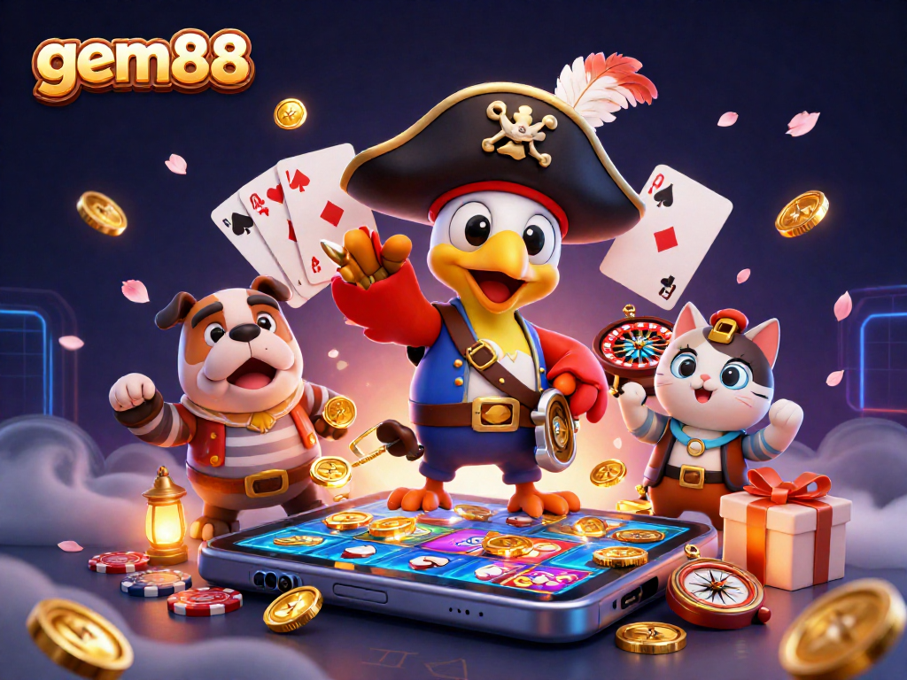 Experience gem88's vibrant casino adventure with colorful slot games and engaging characters.